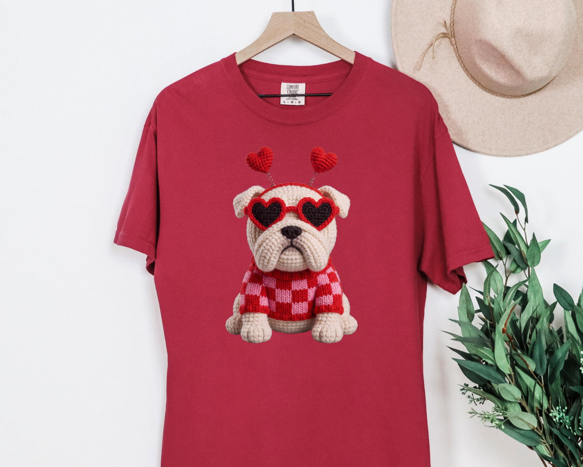 Bulldog with Heart Sunglasses Faux Crochet Valentine T-shirt