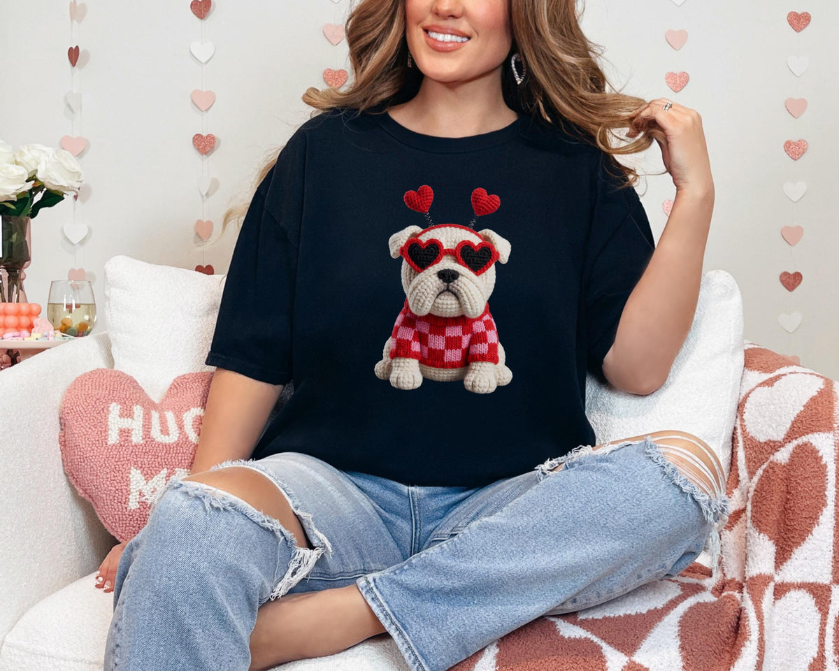 Bulldog with Heart Sunglasses Faux Crochet Valentine T-shirt