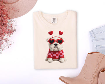 Bulldog with Heart Sunglasses Faux Crochet Valentine T-shirt