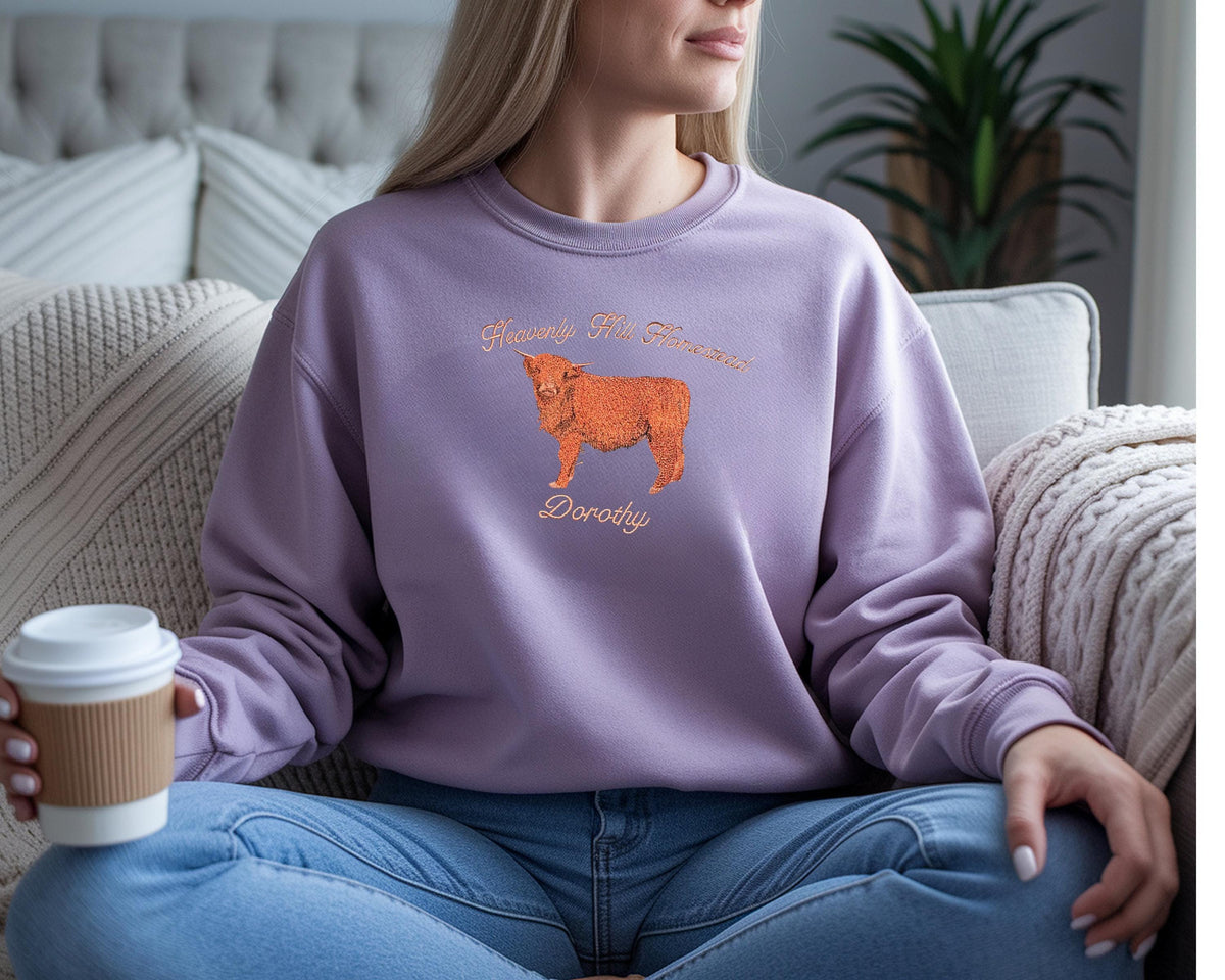 Custom Embroidered Highland Cow Comfort Colors Crewneck Sweatshirt