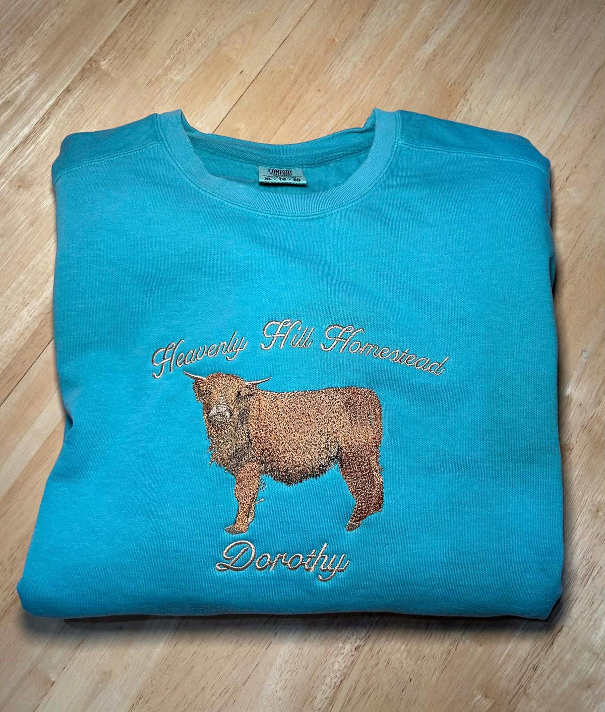 Custom Embroidered Highland Cow Comfort Colors Crewneck Sweatshirt
