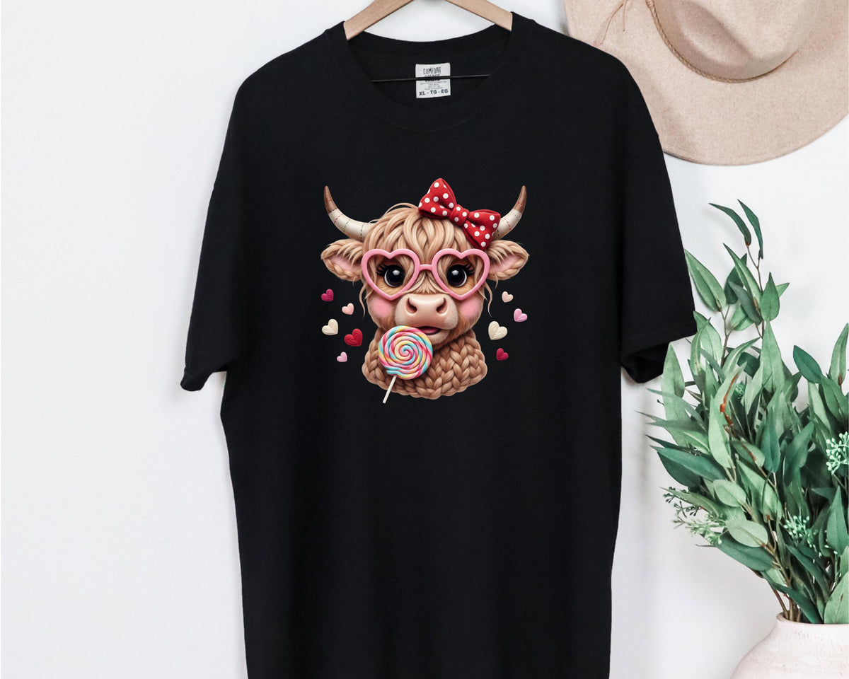 Highland Cow Valentine T-Shirt, Heart Glasses, Coquette Farmhouse Tee