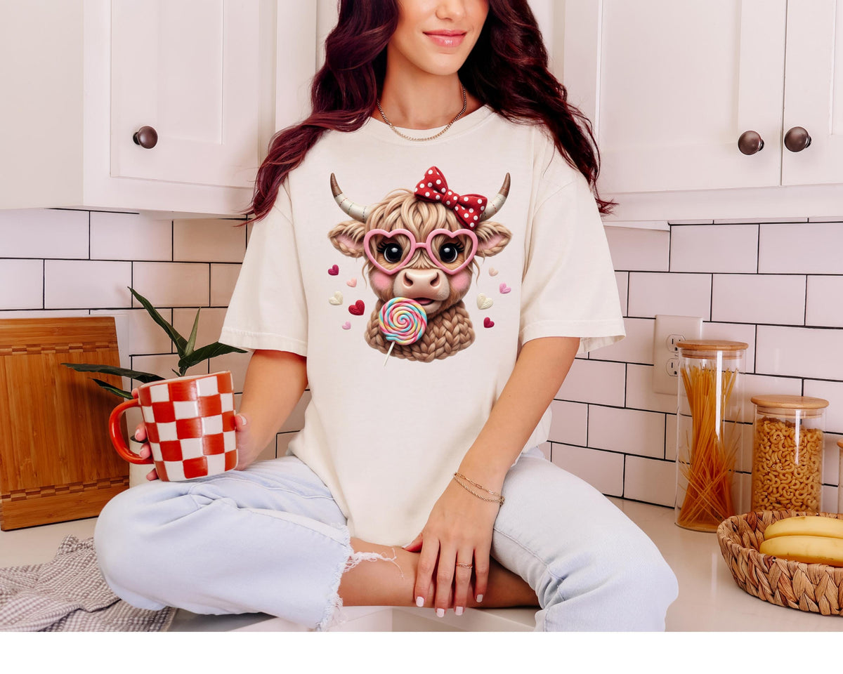 Highland Cow Valentine T-Shirt, Heart Glasses, Coquette Farmhouse Tee