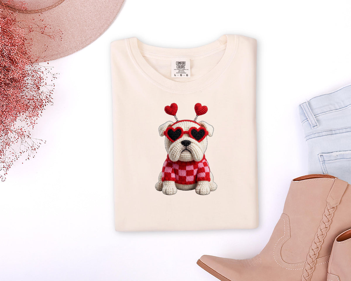 Faux Crochet Bulldog with Heart Sunglasses Comfort Colors Valentine Shirt