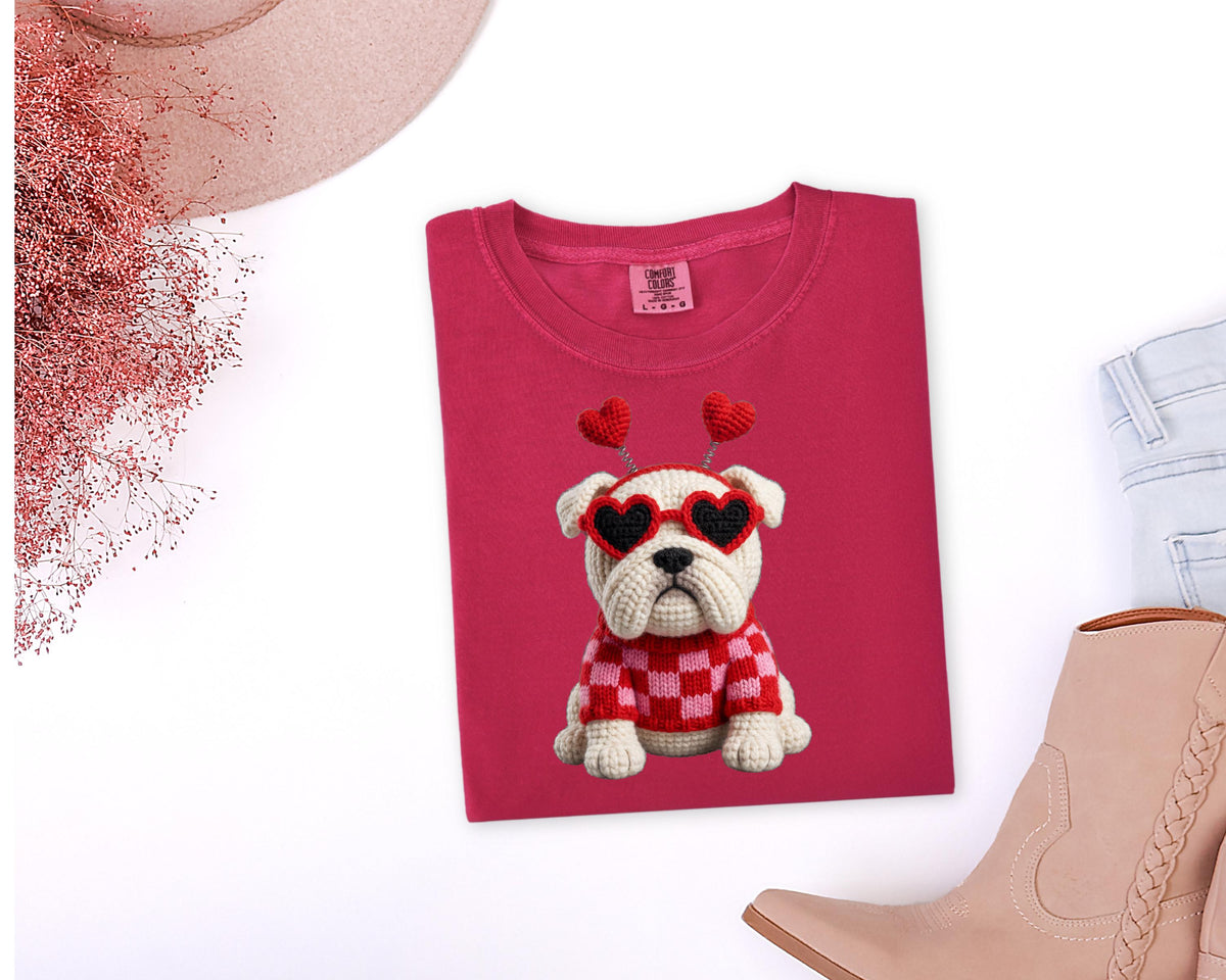 Faux Crochet Bulldog with Heart Sunglasses Comfort Colors Valentine Shirt