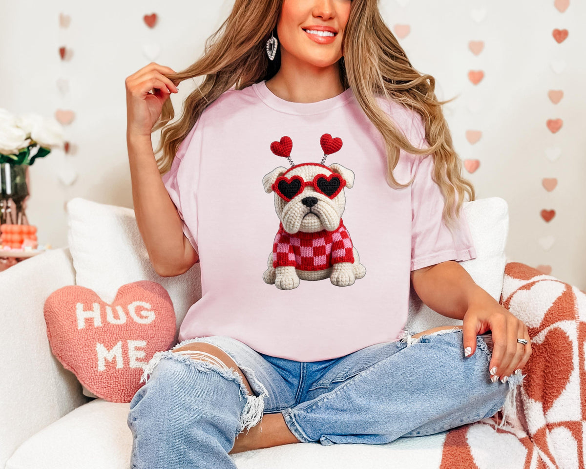 Faux Crochet Bulldog with Heart Sunglasses Comfort Colors Valentine Shirt
