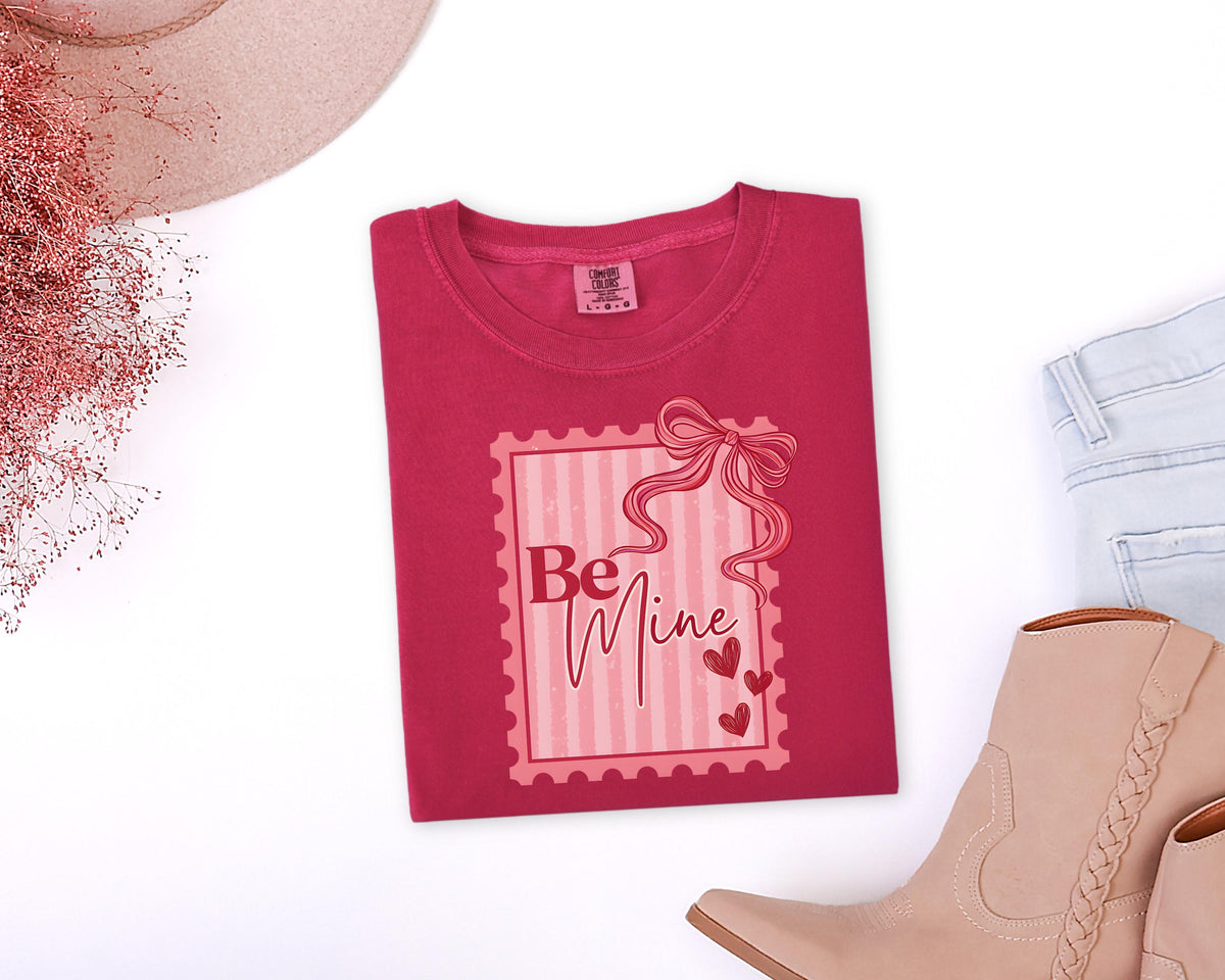 Coquette Valentine's Day Stamp Shirt | Comfort Colors 1717 | Pink Bow Be Mine Tee