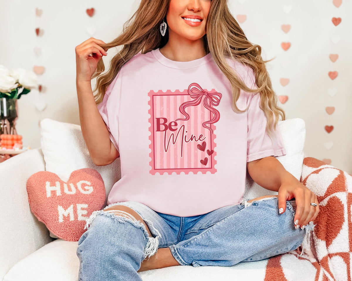 Coquette Valentine's Day Stamp Shirt | Comfort Colors 1717 | Pink Bow Be Mine Tee
