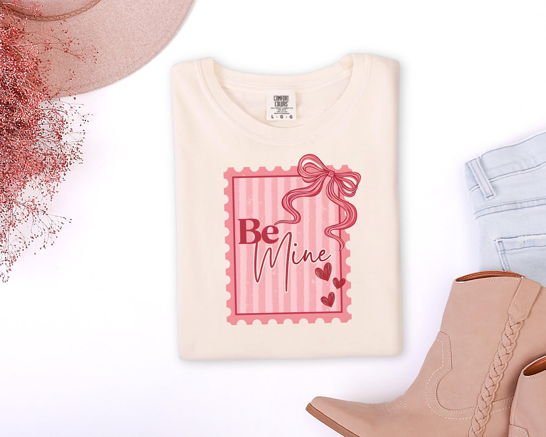 Coquette Valentine's Day Stamp Shirt | Comfort Colors 1717 | Pink Bow Be Mine Tee