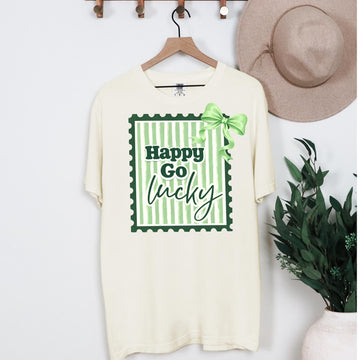 Happy Go Lucky Vintage Stamp T-Shirt | Green Coquette Bow Striped