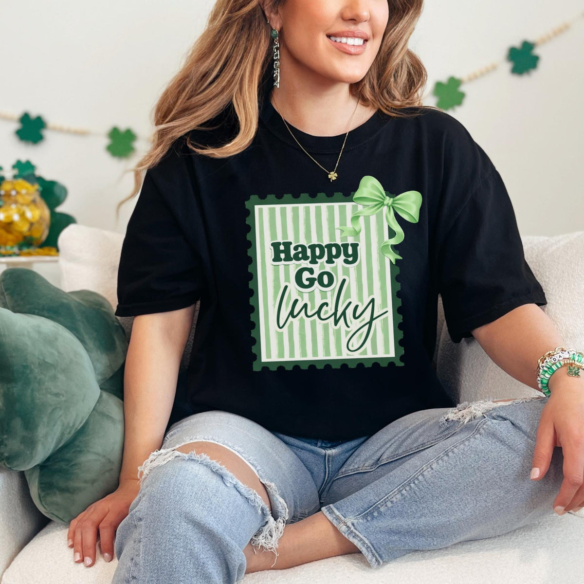 Happy Go Lucky Vintage Stamp T-Shirt | Green Coquette Bow Striped