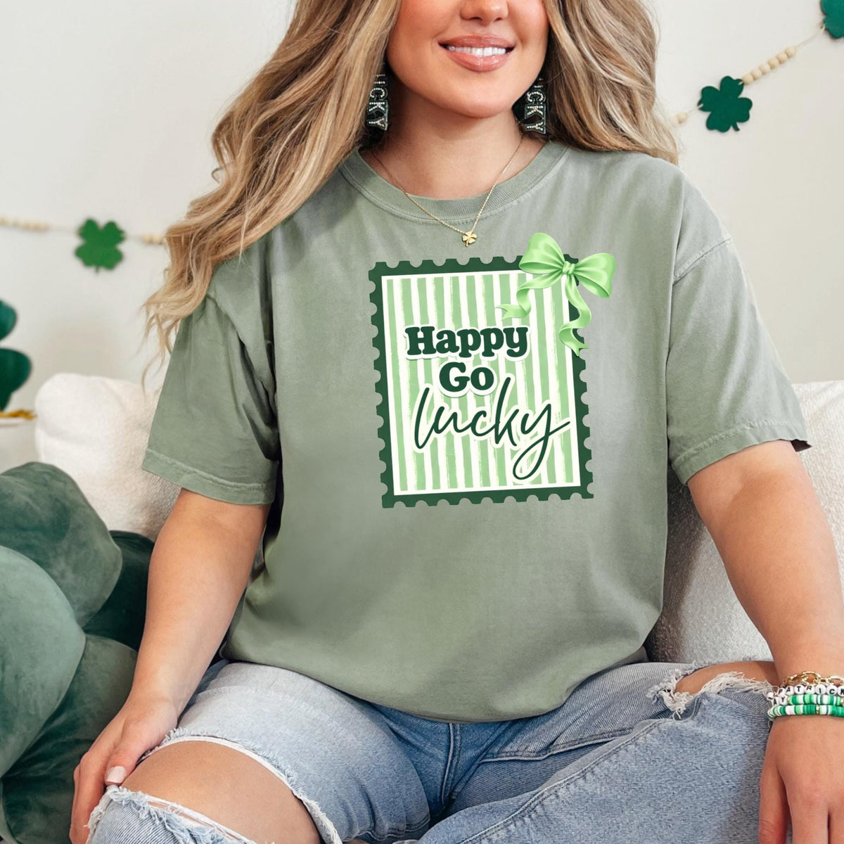 Happy Go Lucky Vintage Stamp T-Shirt | Green Coquette Bow Striped
