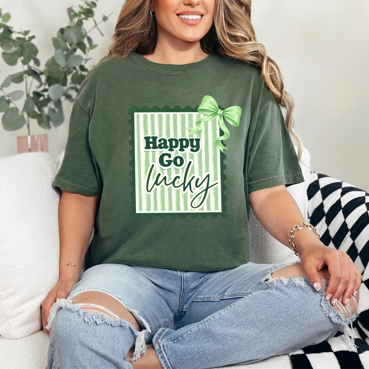 Happy Go Lucky Vintage Stamp T-Shirt | Green Coquette Bow Striped