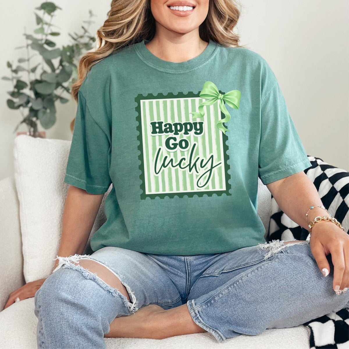 Happy Go Lucky Vintage Stamp T-Shirt | Green Coquette Bow Striped
