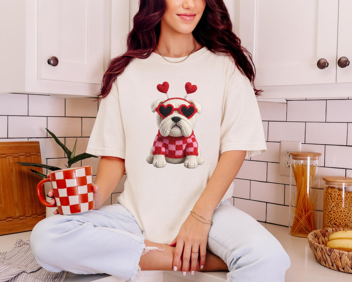 Bulldog with Heart Sunglasses Faux Crochet Valentine T-shirt