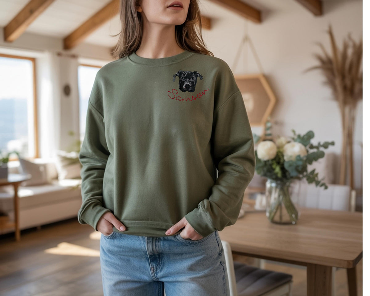 Custom Embroidered Pet Portrait Sweatshirt | Personalized Monogrammed Dog Cat Crewneck