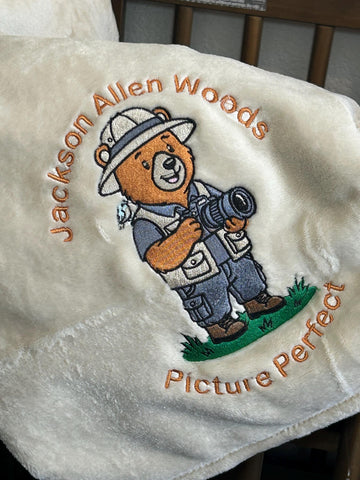 Custom Embroidered Bear Baby Blanket/ Personalized Monogrammed Photographer Swaddle Blanket