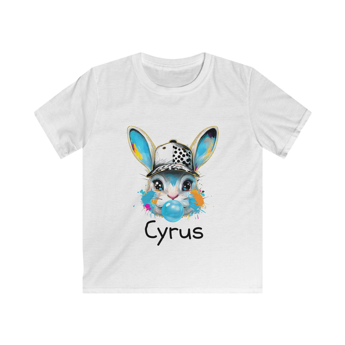 Custom Bunny with Baseball Cap and Bubbles Kids Tee | Personalized Easter Shirt