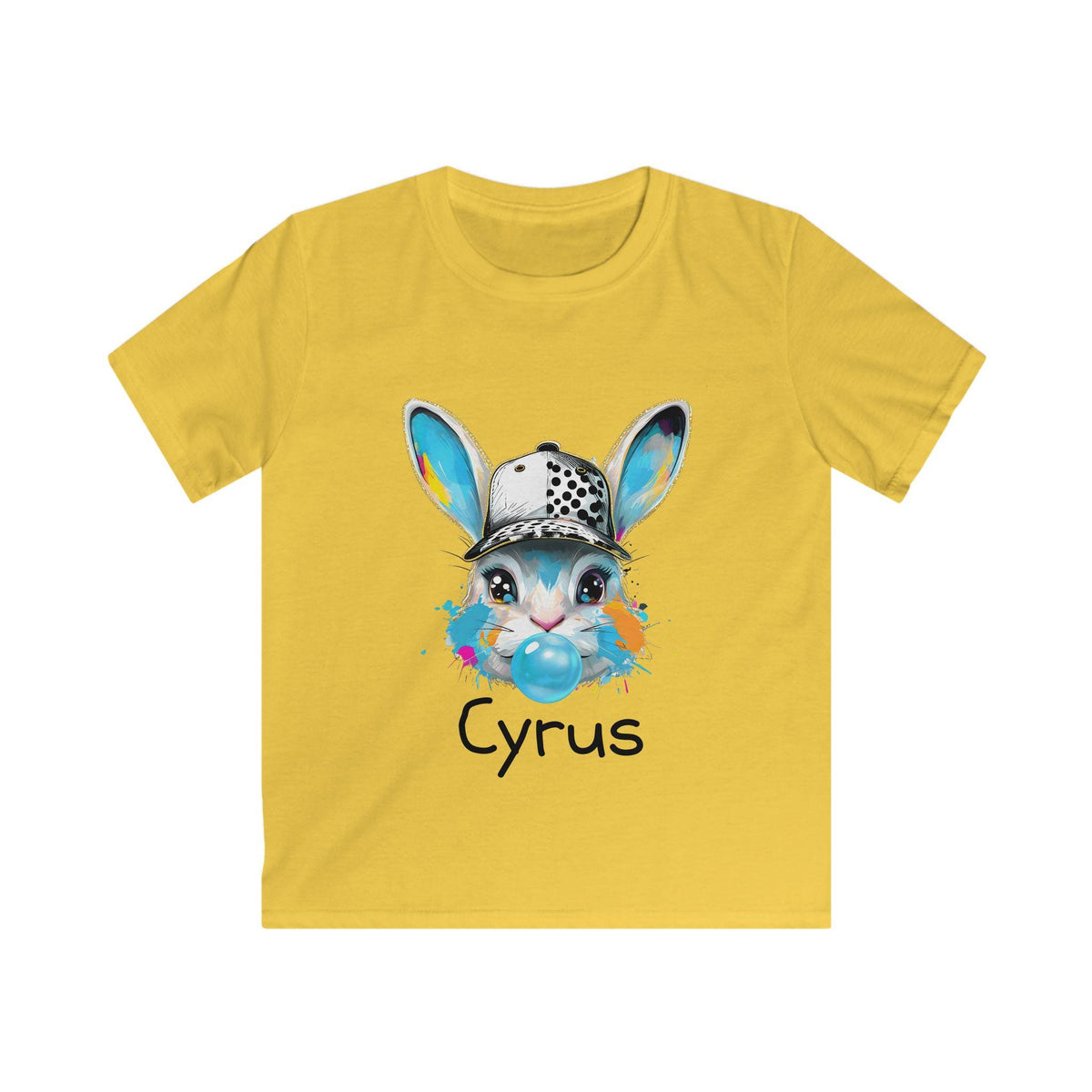 Custom Bunny with Baseball Cap and Bubbles Kids Tee | Personalized Easter Shirt