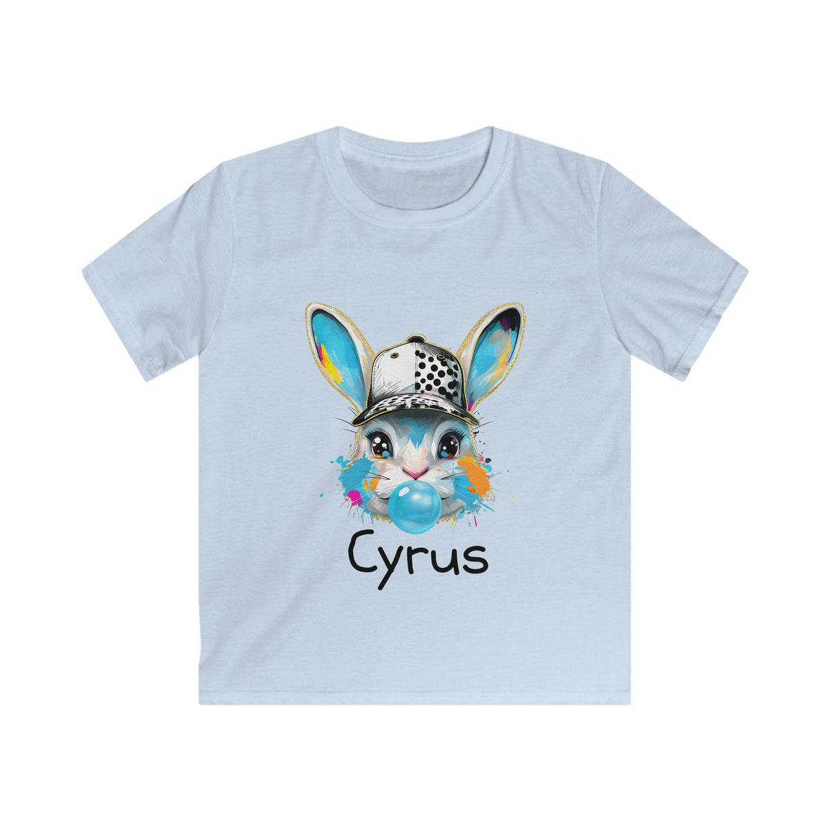 Custom Bunny with Baseball Cap and Bubbles Kids Tee | Personalized Easter Shirt