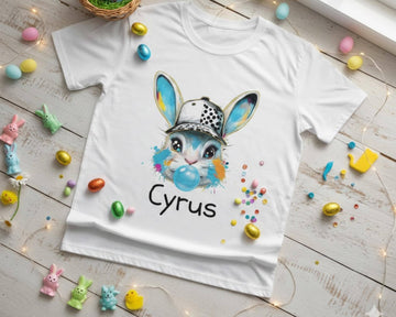 Custom Bunny with Baseball Cap and Bubbles Kids Tee | Personalized Easter Shirt