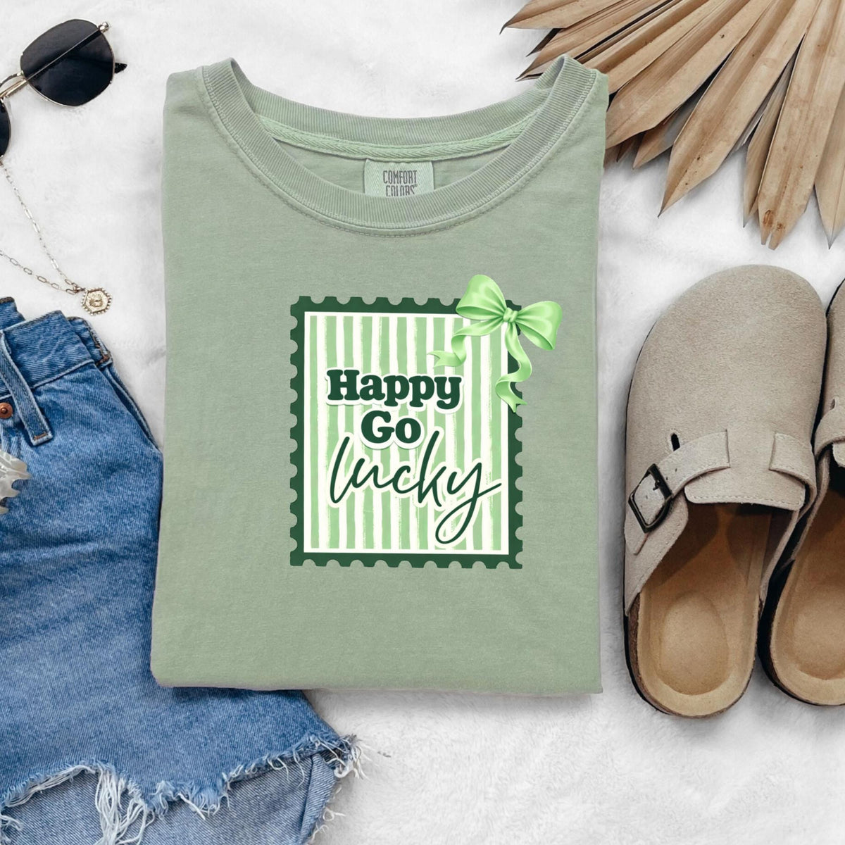 Happy Go Lucky Vintage Stamp T-Shirt | Green Coquette Bow Striped