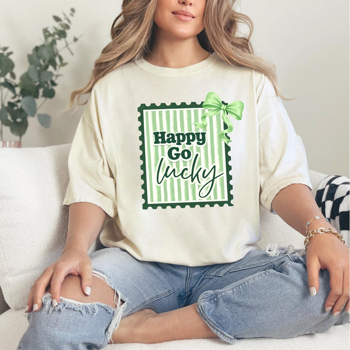 Happy Go Lucky Vintage Stamp T-Shirt | Green Coquette Bow Striped