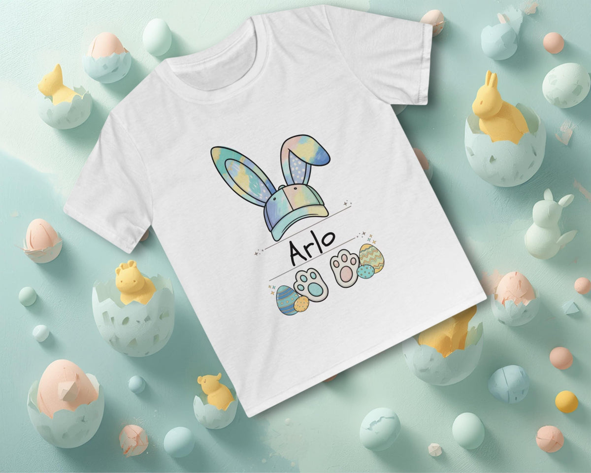 Personalized Watercolor Bunny Baseball Cap Shirt for Boys, Custom Easter Name Tee