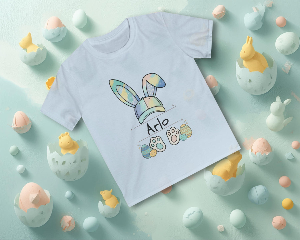 Personalized Watercolor Bunny Baseball Cap Shirt for Boys, Custom Easter Name Tee