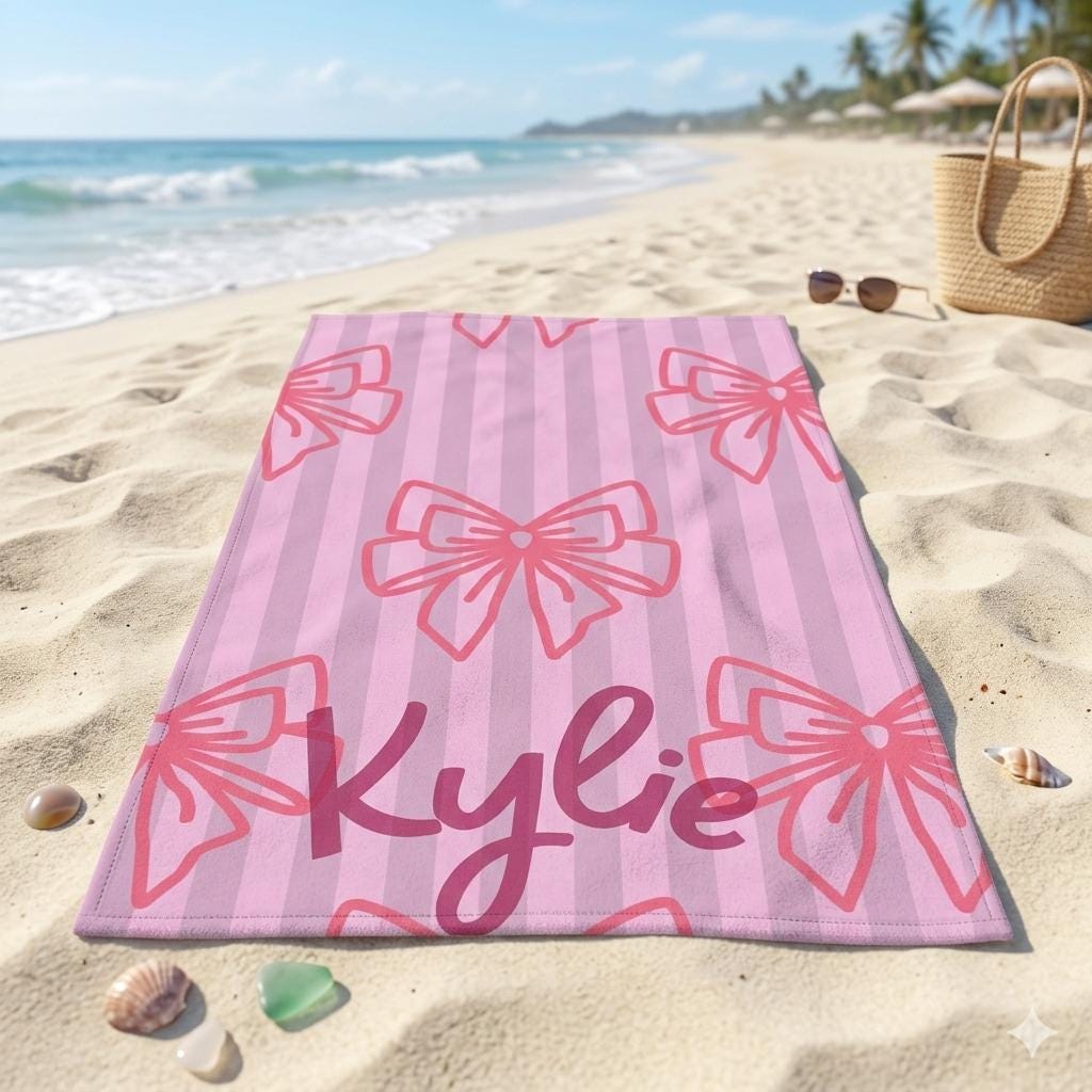 Pink Coquette Bow Beach Towel | Personalized Name Custom Print