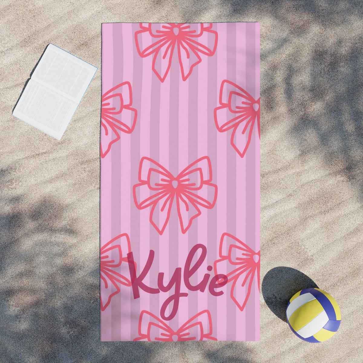 Pink Coquette Bow Beach Towel | Personalized Name Custom Print