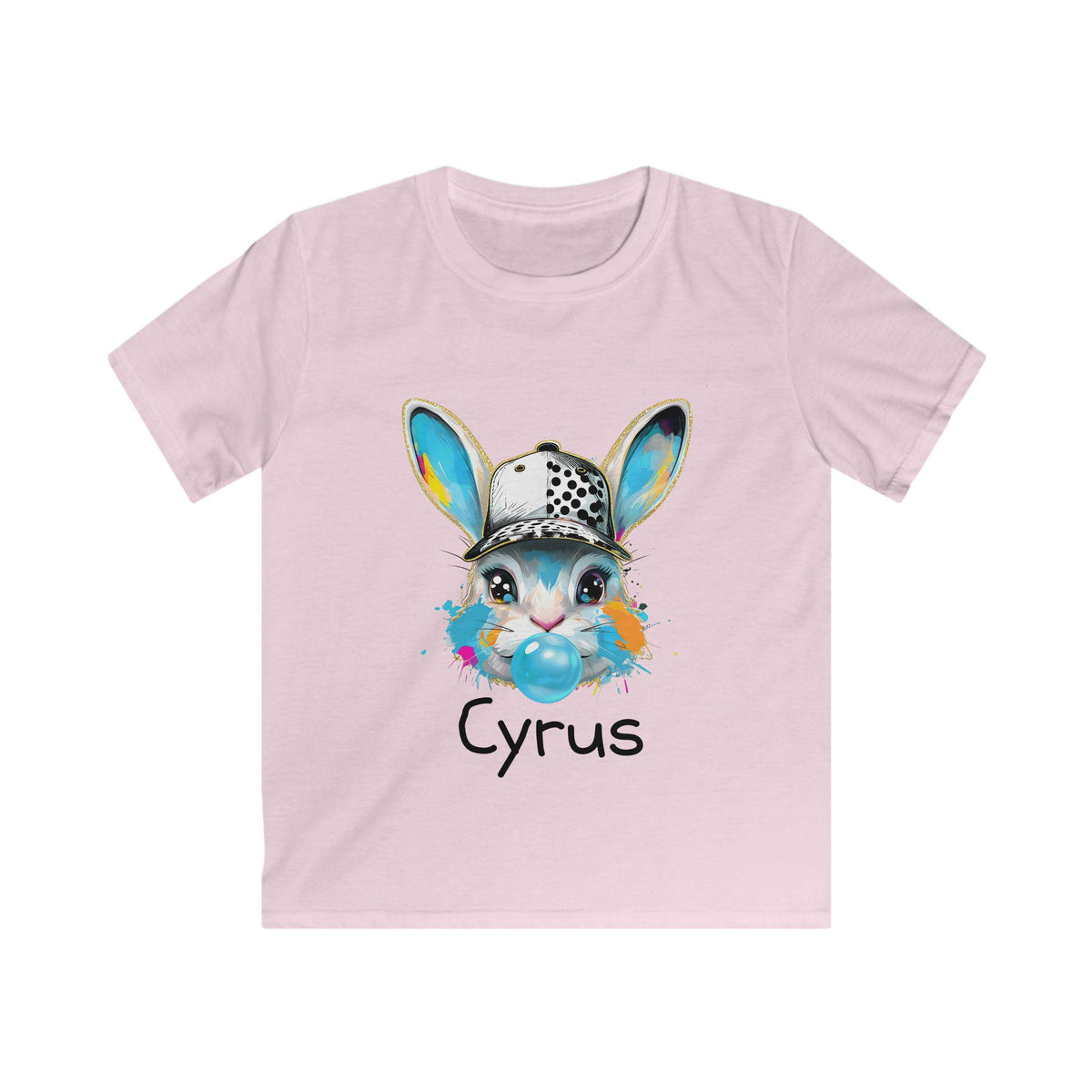 Custom Bunny with Baseball Cap and Bubbles Kids Tee | Personalized Easter Shirt