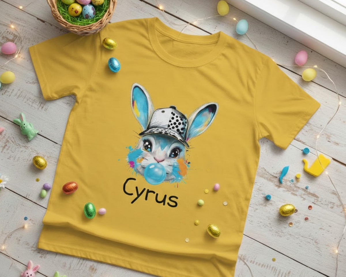 Custom Bunny with Baseball Cap and Bubbles Kids Tee | Personalized Easter Shirt