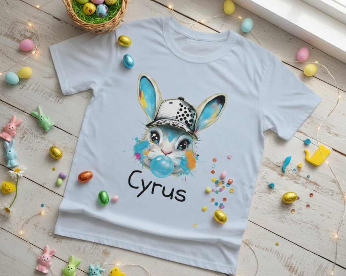 Custom Bunny with Baseball Cap and Bubbles Kids Tee | Personalized Easter Shirt