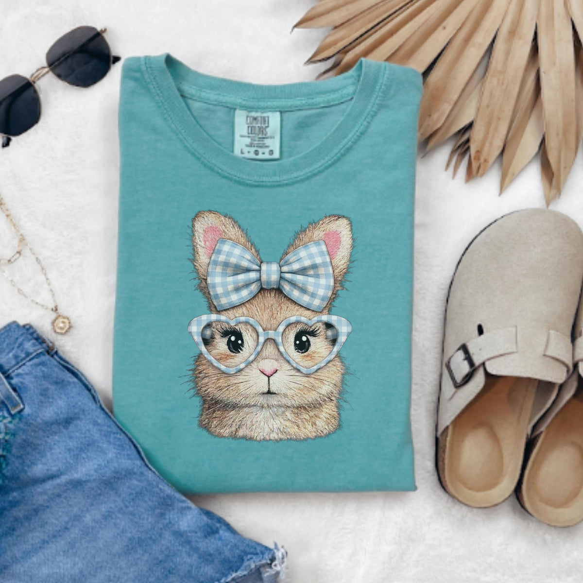 Easter Bunny with Gingham Bow and Heart Glasses T-Shirt