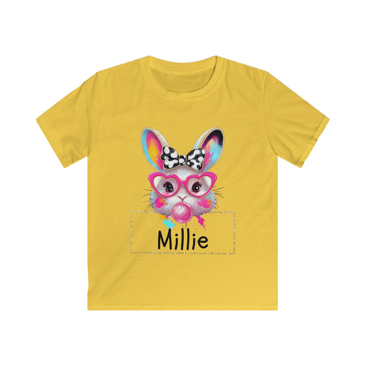 Custom Name Bunny Shirt, Bubblegum Bunny Tee, Retro Heart Glasses Rabbit Gildan Softstyle T-shirt