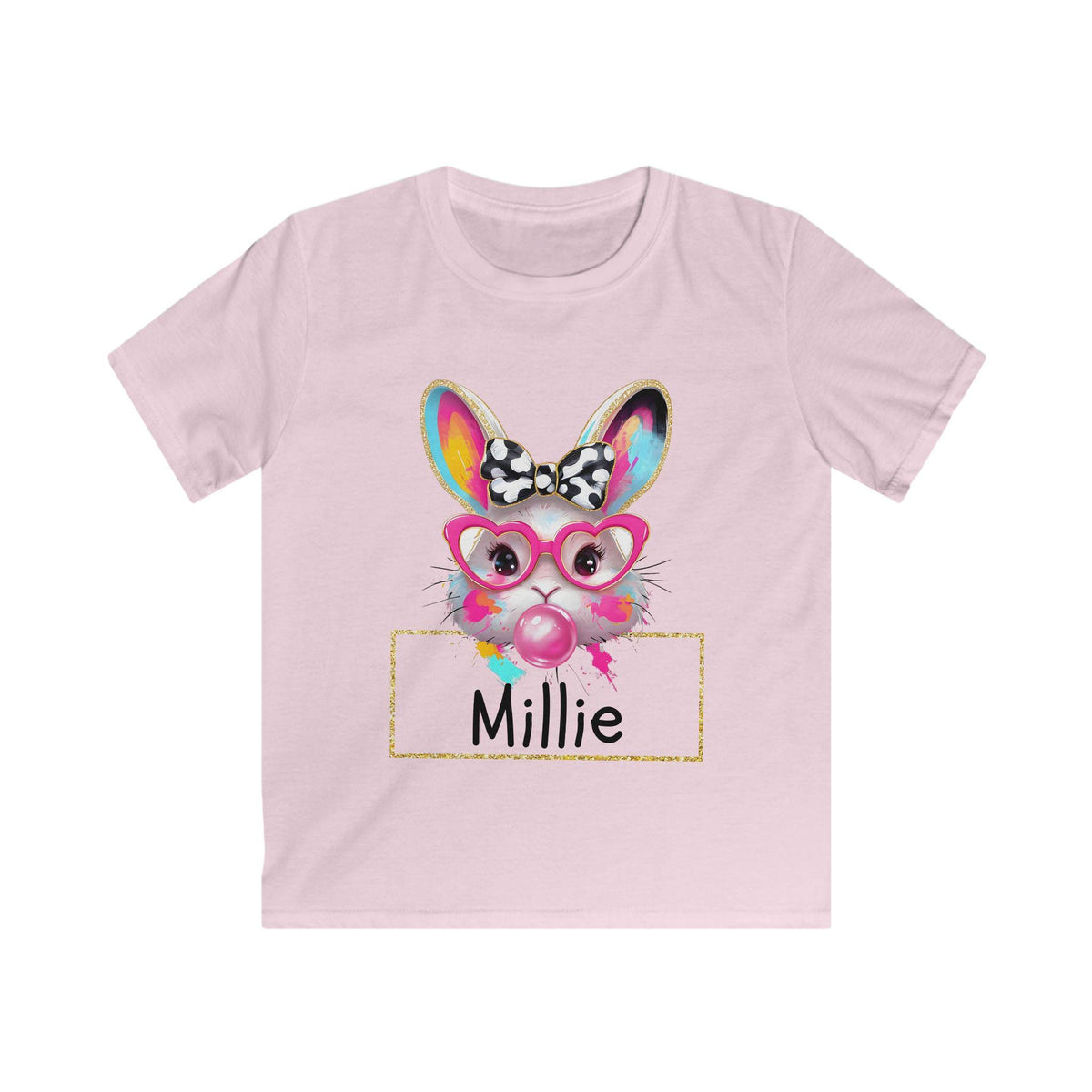 Custom Name Bunny Shirt, Bubblegum Bunny Tee, Retro Heart Glasses Rabbit Gildan Softstyle T-shirt