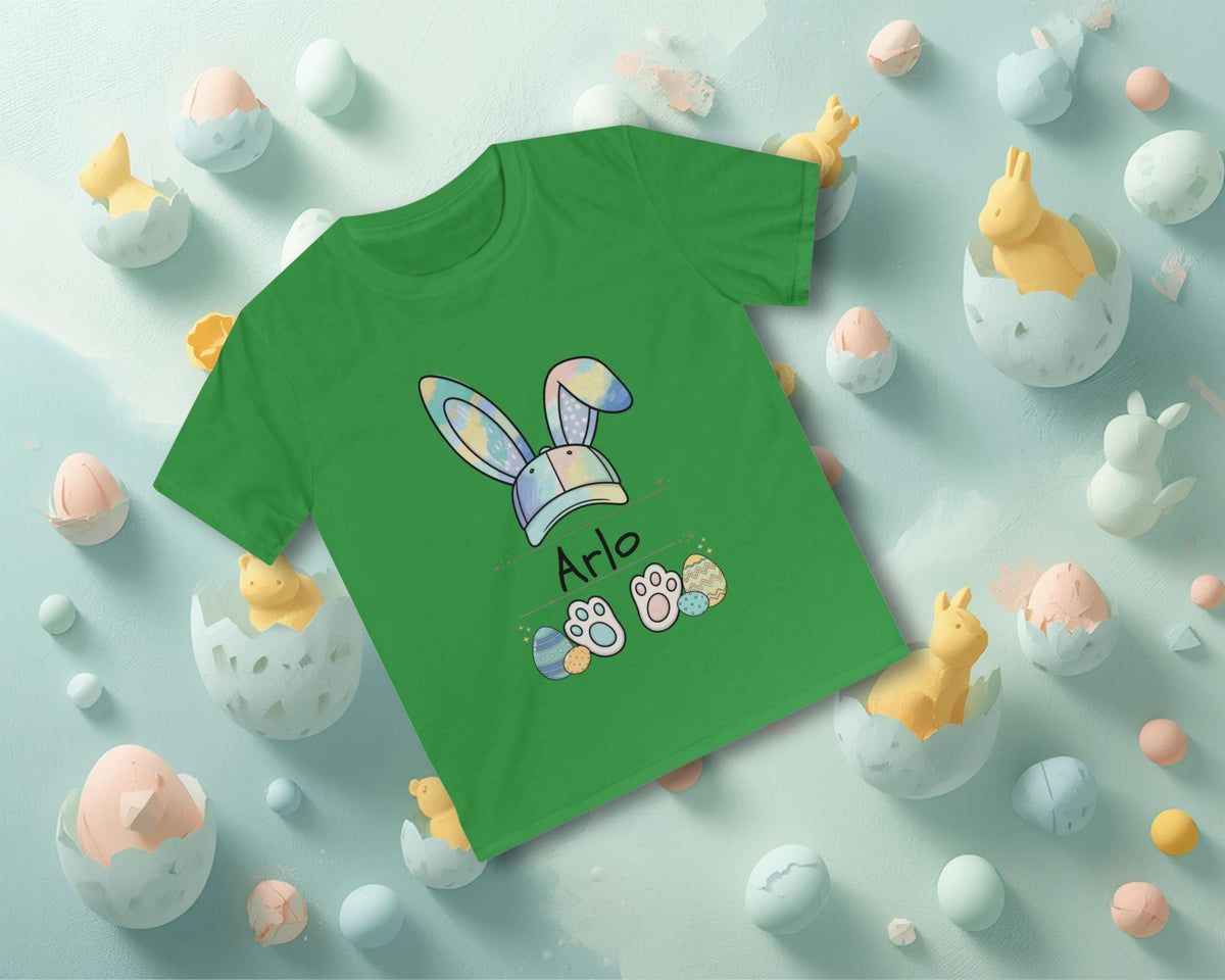 Personalized Watercolor Bunny Baseball Cap Shirt for Boys, Custom Easter Name Tee