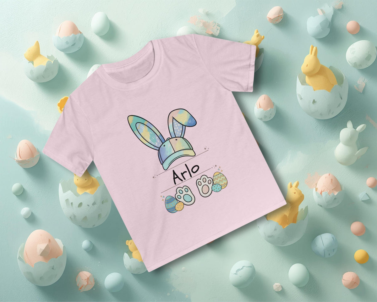Personalized Watercolor Bunny Baseball Cap Shirt for Boys, Custom Easter Name Tee