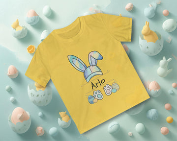 Personalized Watercolor Bunny Baseball Cap Shirt for Boys, Custom Easter Name Tee