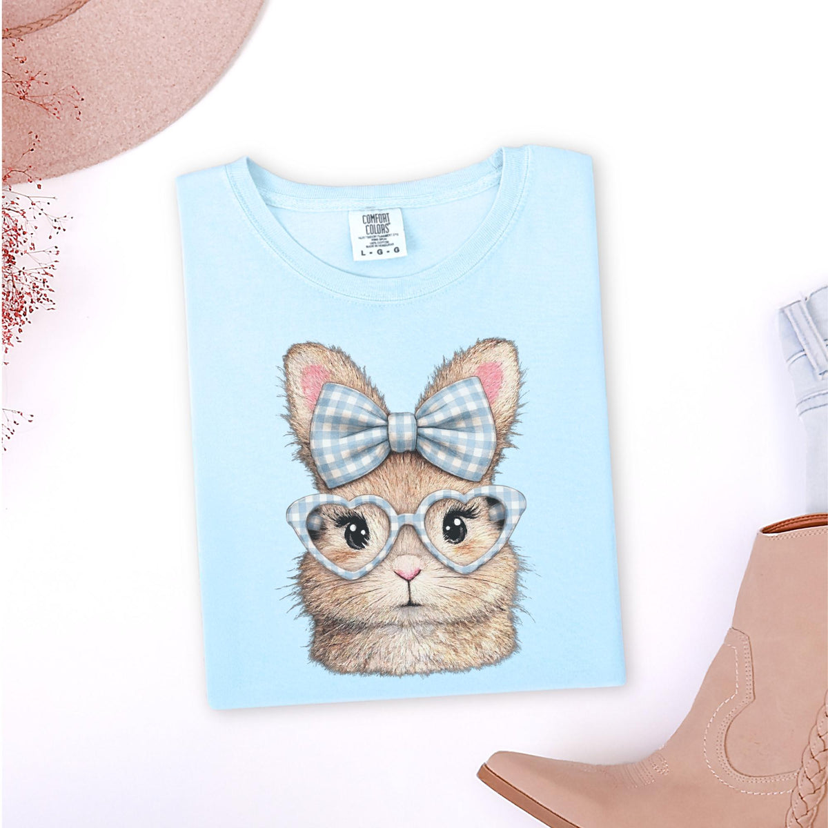 Easter Bunny with Gingham Bow and Heart Glasses T-Shirt