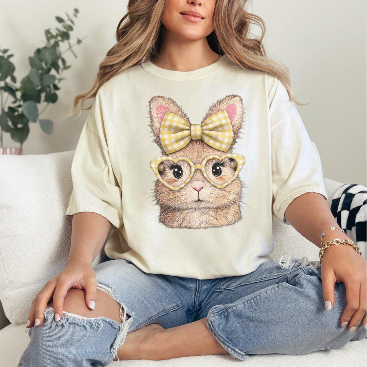Easter Bunny with Gingham Bow and Heart Glasses T-Shirt