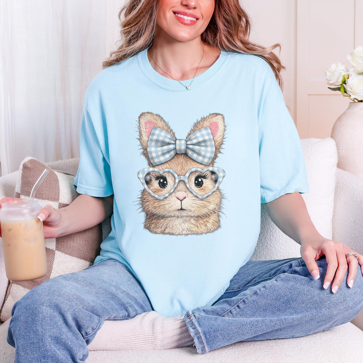 Easter Bunny with Gingham Bow and Heart Glasses T-Shirt