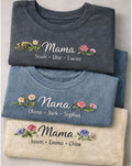 Personalized birth flower tee, multiple names and flowers embroidered