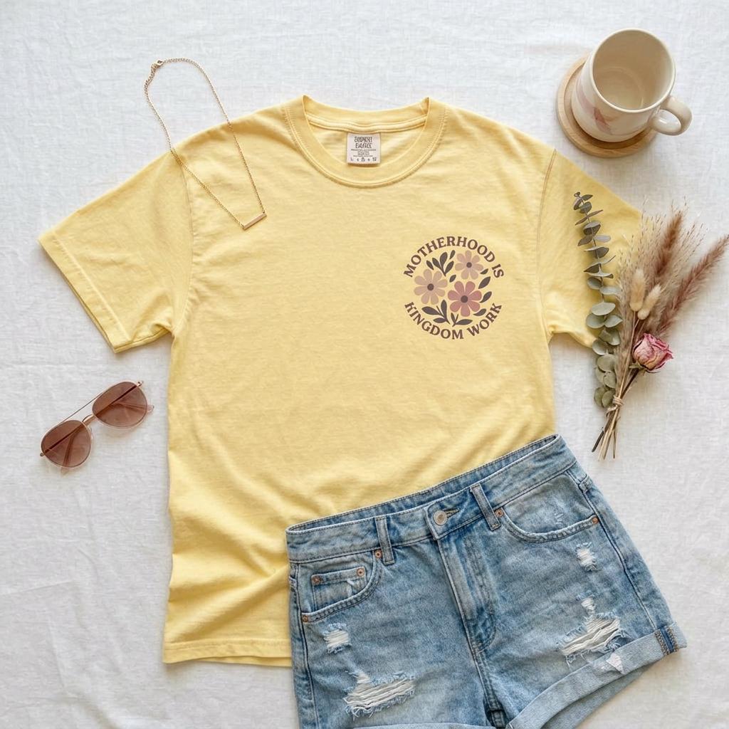 Comfort Colors t-shirt featuring "Motherhood is Kingdom Work" quote design