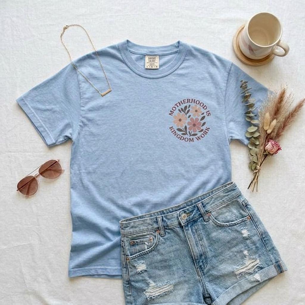 Comfort Colors t-shirt featuring "Motherhood is Kingdom Work" quote design