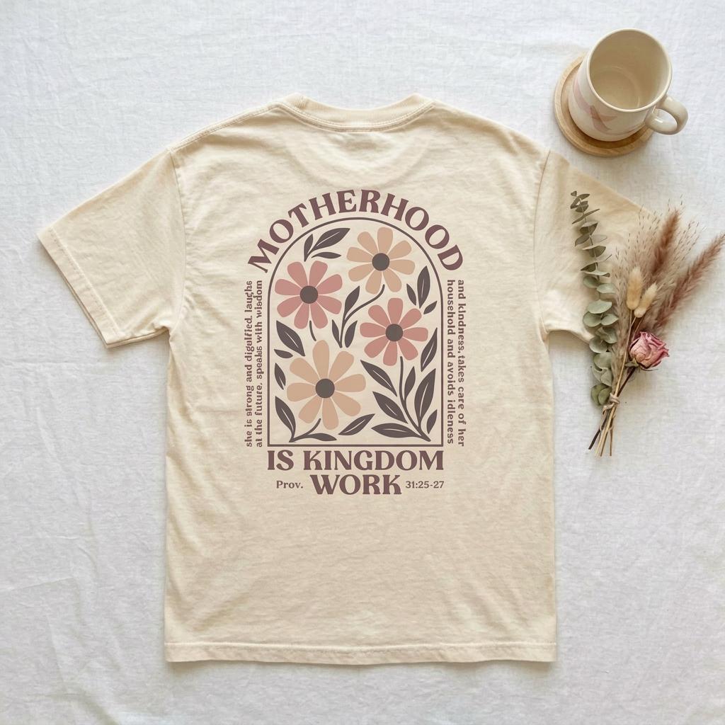 Comfort Colors t-shirt featuring "Motherhood is Kingdom Work" quote design