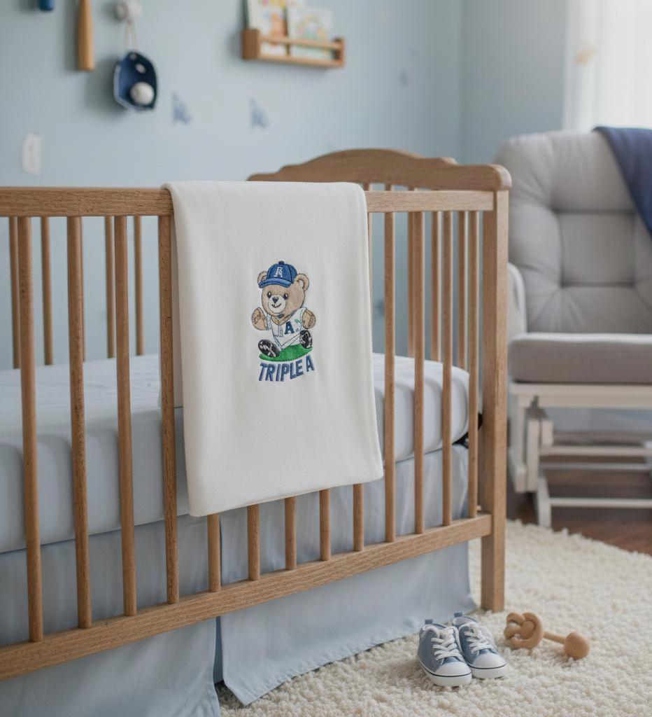Personalized teddy bear baby blanket name embroidery close-up
