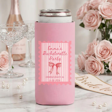 Custom bachelorette party can cooler, full-color neoprene drink sleeve, bundle of 25