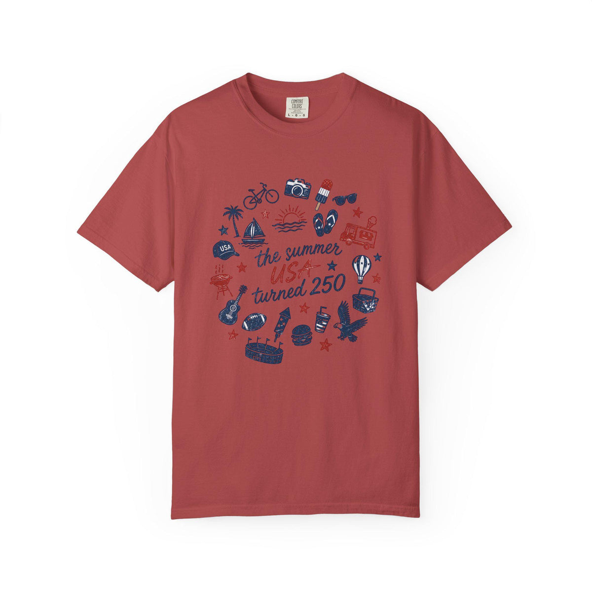 Summer USA Turned 250 Commemorative T-shirt, featuring patriotic summer-themed graphic design